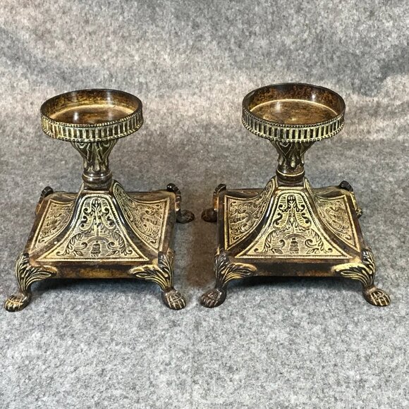 Cast Iron Footed Rustic Distressed Accent Pair of Candle Holders - Picture 4 of 11